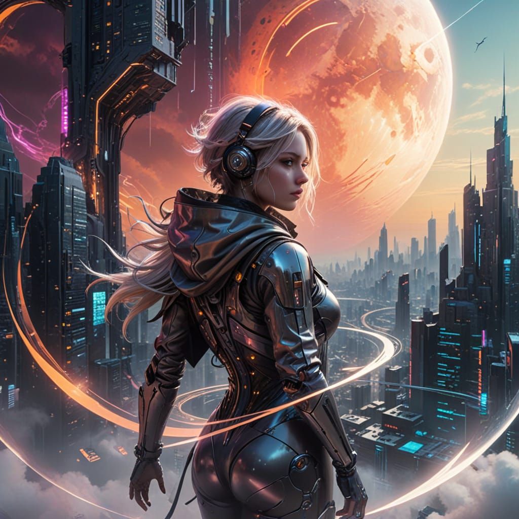 Cyberpunk Hacker in Futuristic Metropolis at Night