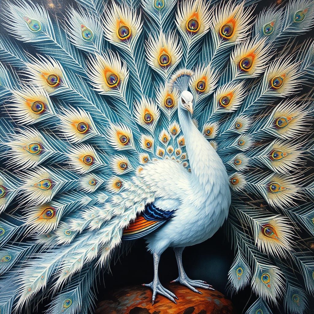 Oil painting.  Fractal. superb albino peacock