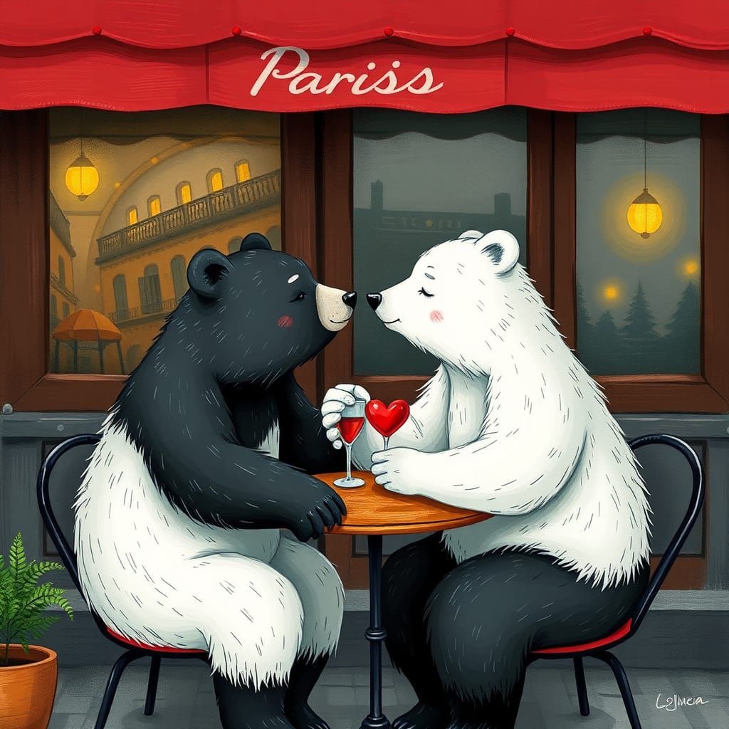 Polar Bear and Black Bear on Paris Cafe Date