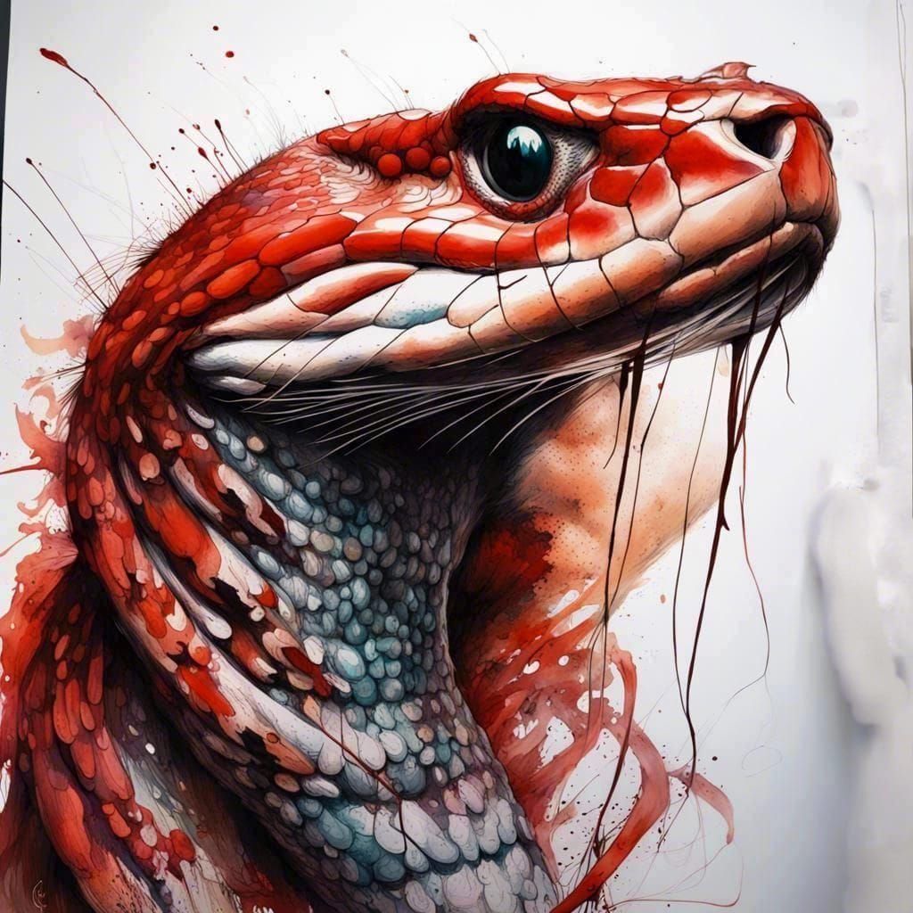 Detailed Inkblot Portrait of a Red Cobra