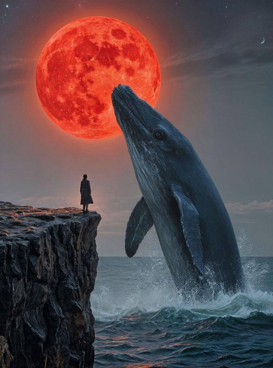Whale Breaching Toward Supermoon in Surreal Landscape