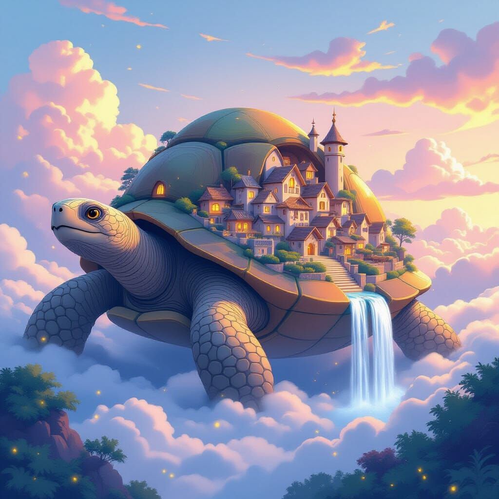 Whimsical Village on Giant Tortoise in Pastel Sky