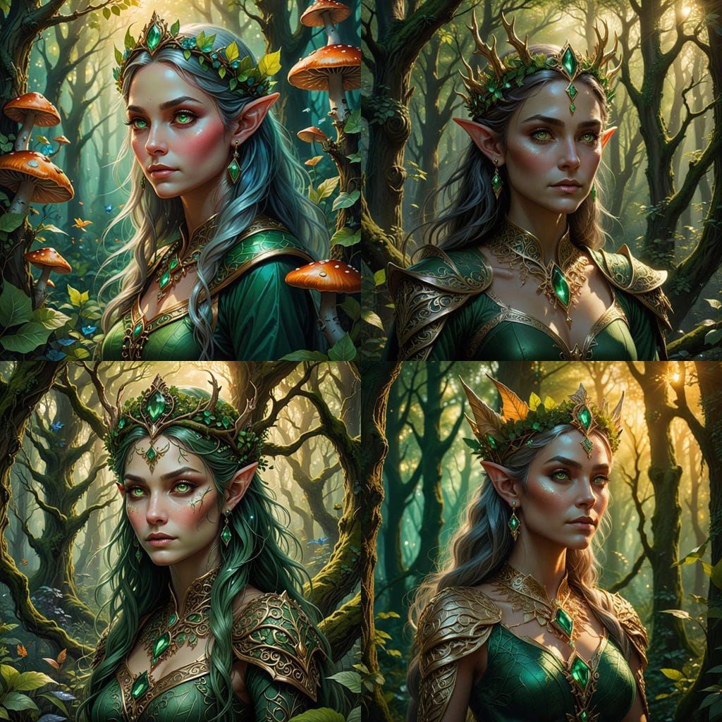 Elf Queen Adorned in Jewels with Emerald Eyes in Enchanted F...
