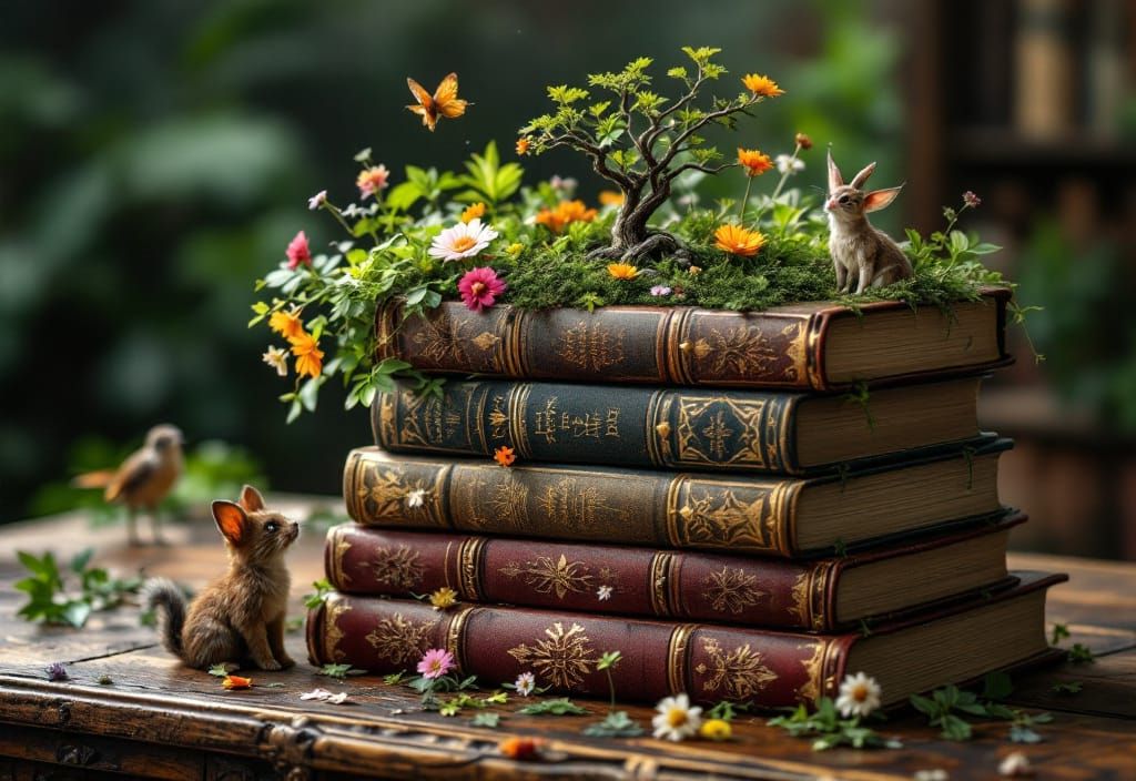 Antique Books with Emerging Wildlife: Professional Photograp...