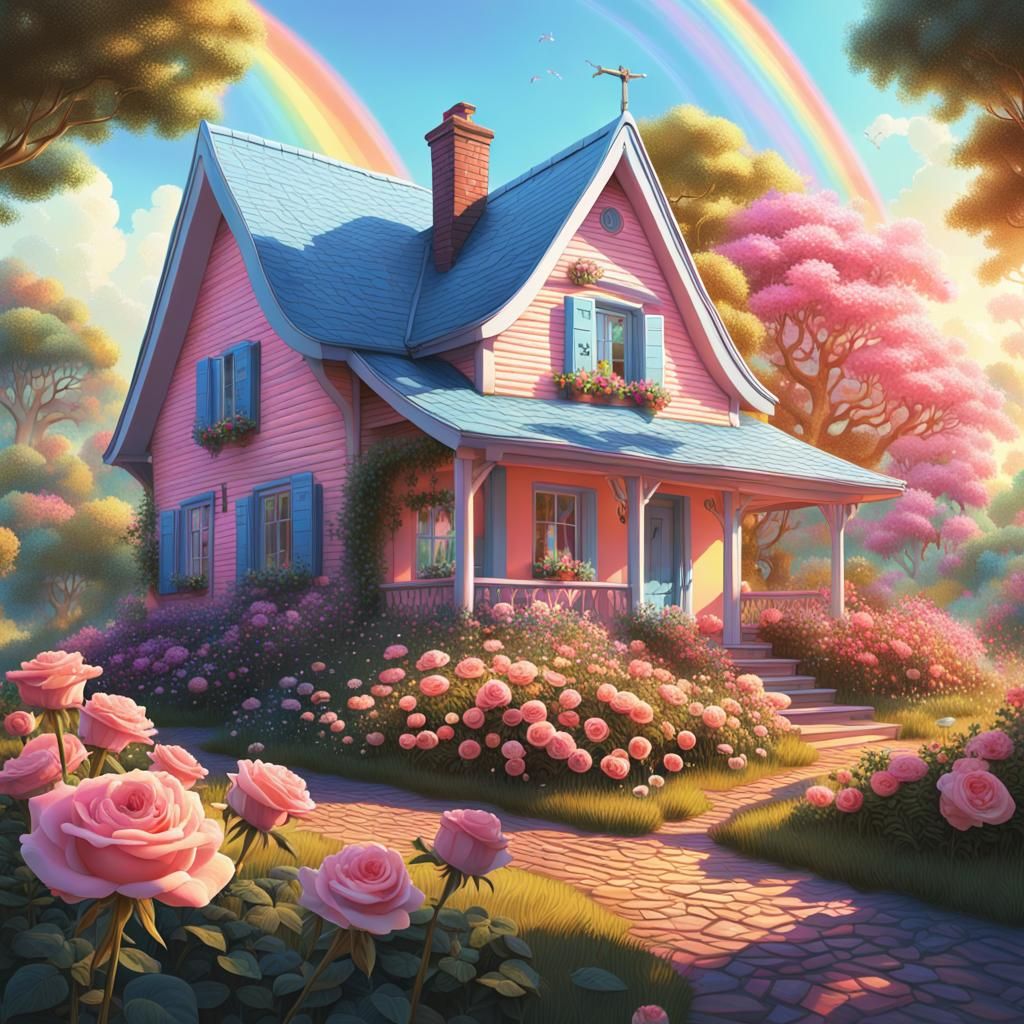 Rainbow Roses Around Cottage: Digital Matte Painting