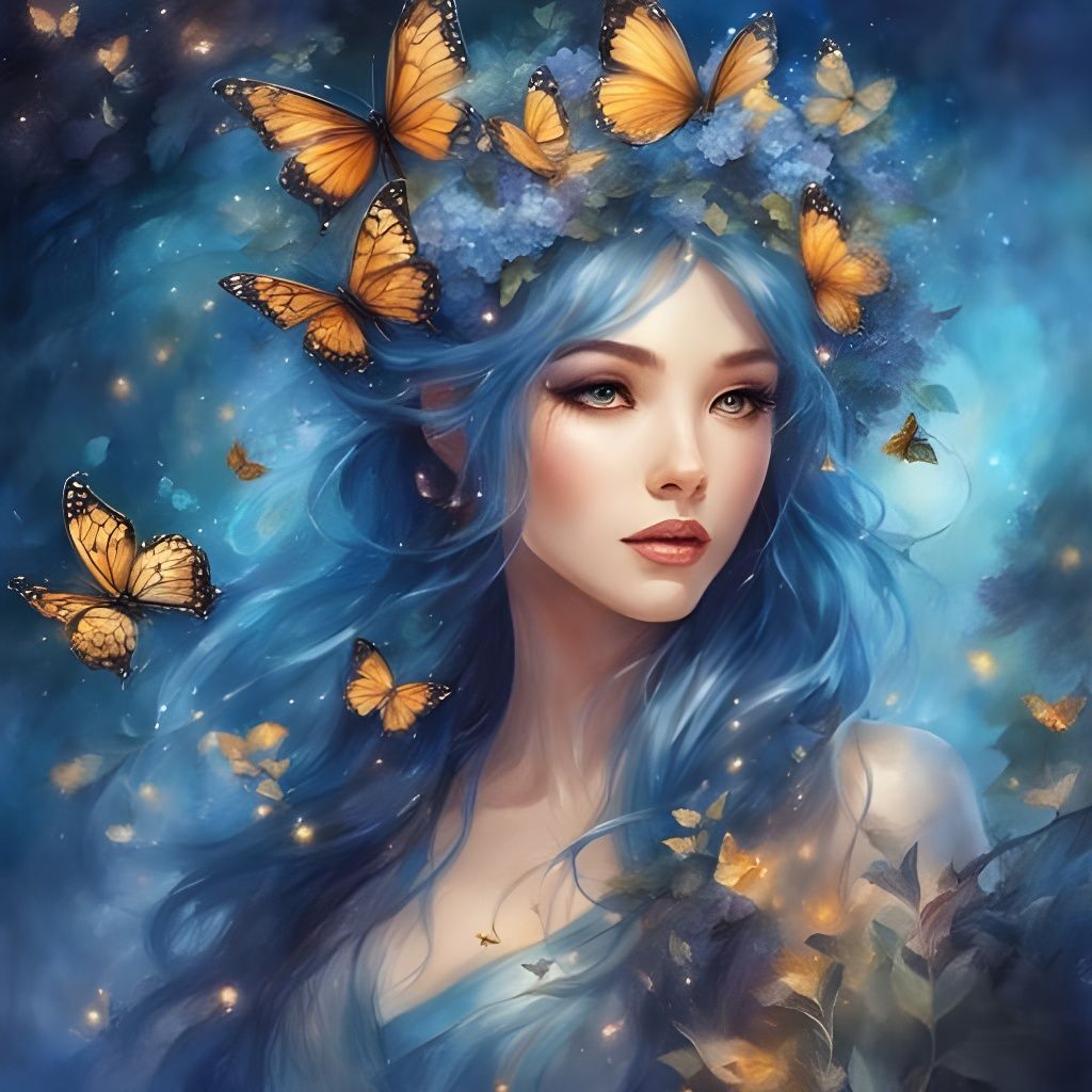 Enchanting Asian Beauty in Butterfly Garden, Watercolor Styl...