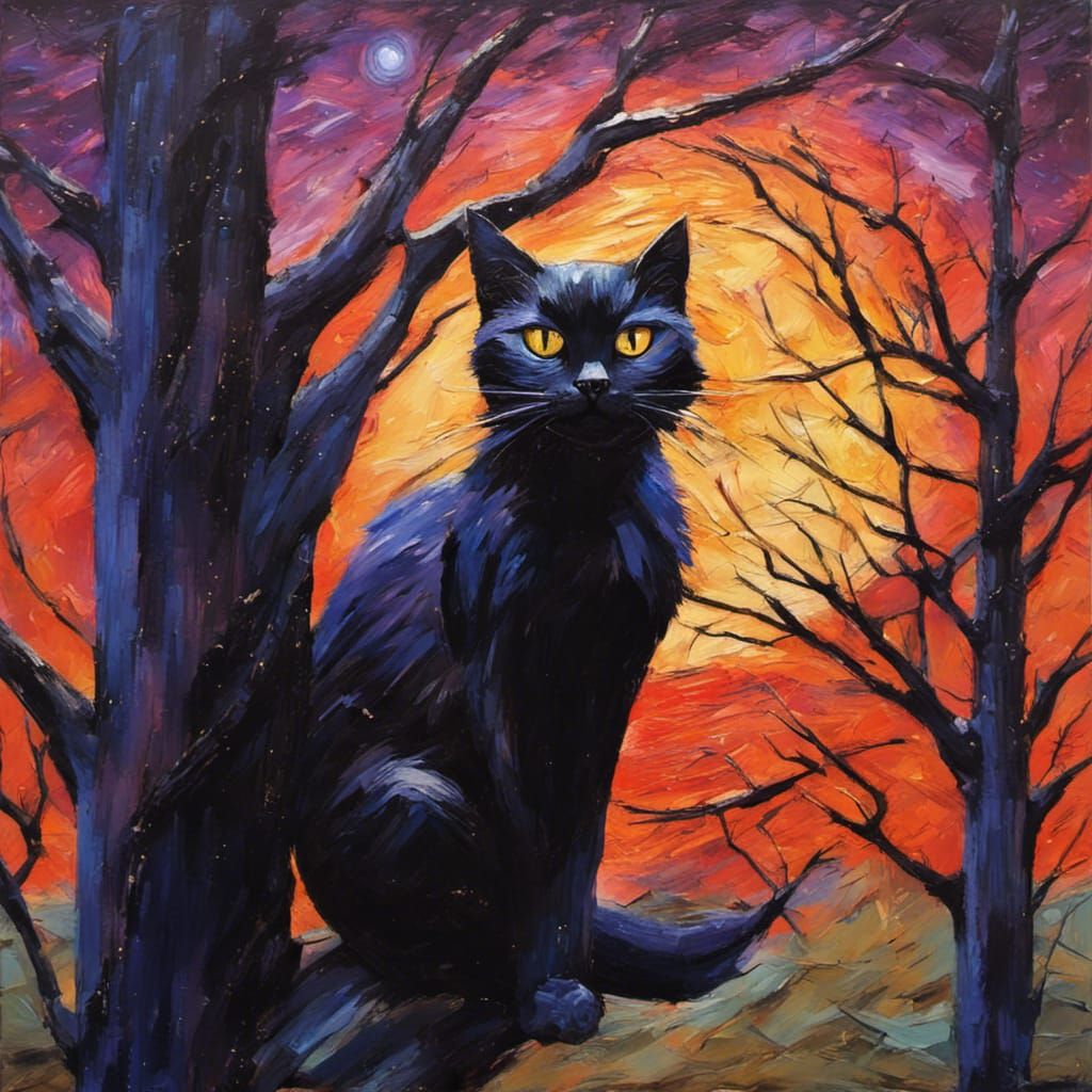 Black Cat in Starry Twilight: Neo-Impressionist Matte Painti...