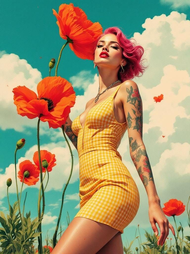 Woman with Giant Poppy in Art Deco Street Art Style