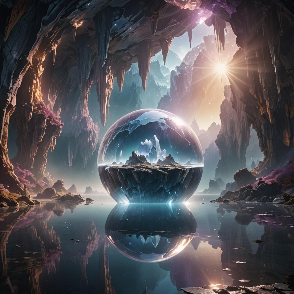 Crystal Cavern with Floating Orb in Ethereal Light