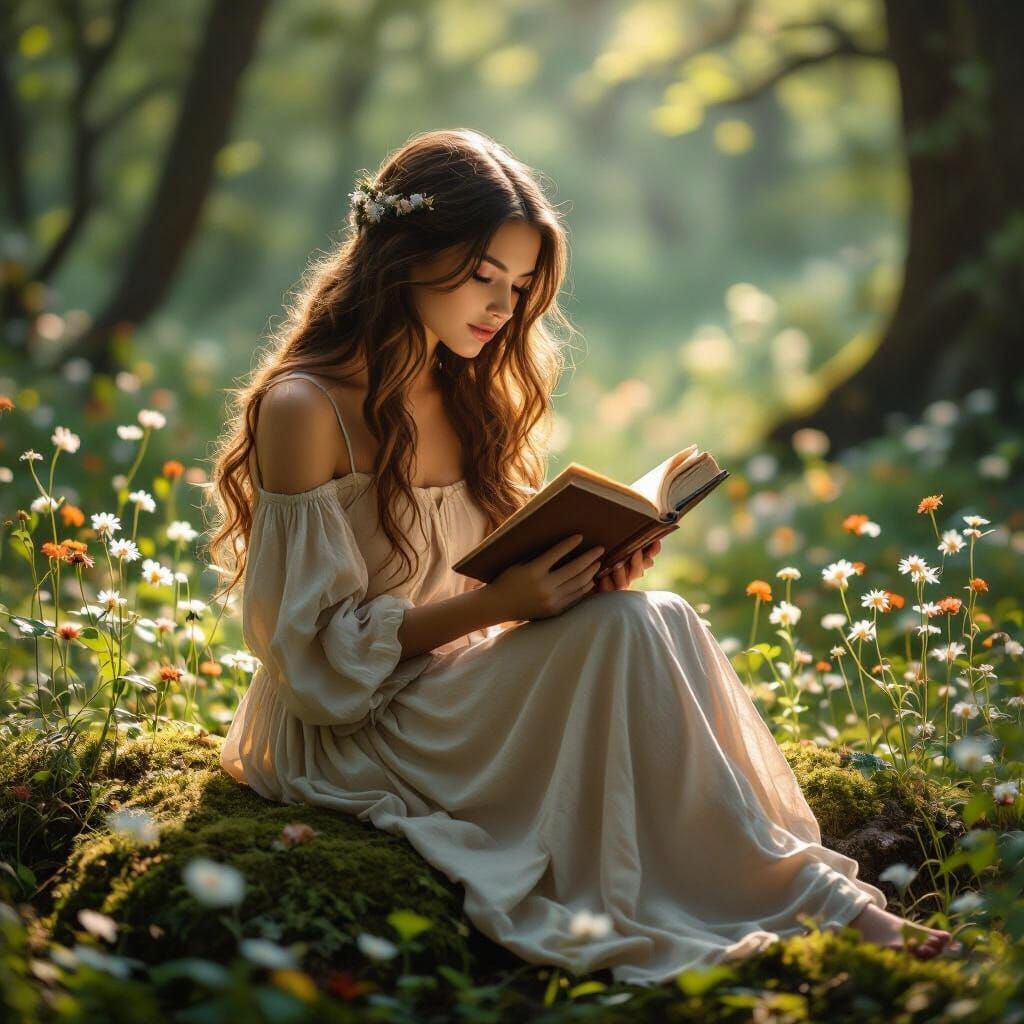 Woman Reading in Forest Clearing, Ghibli-esque