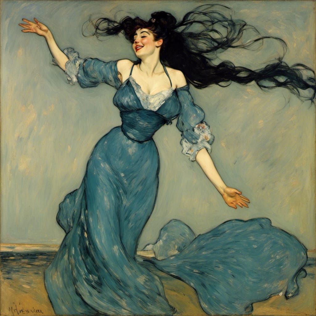 Blue-Haired Woman in Fin-de-Siecle Parisian Cafe