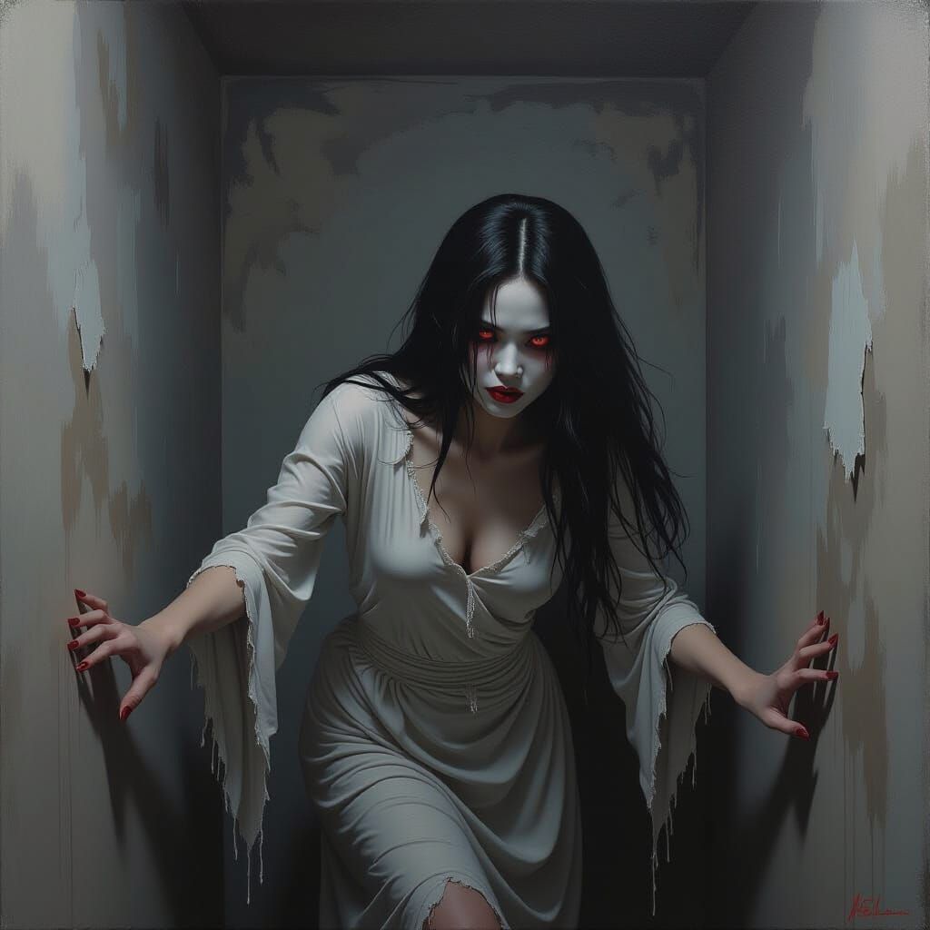 Terrifying Asian Ghost Lurking in Dark Room