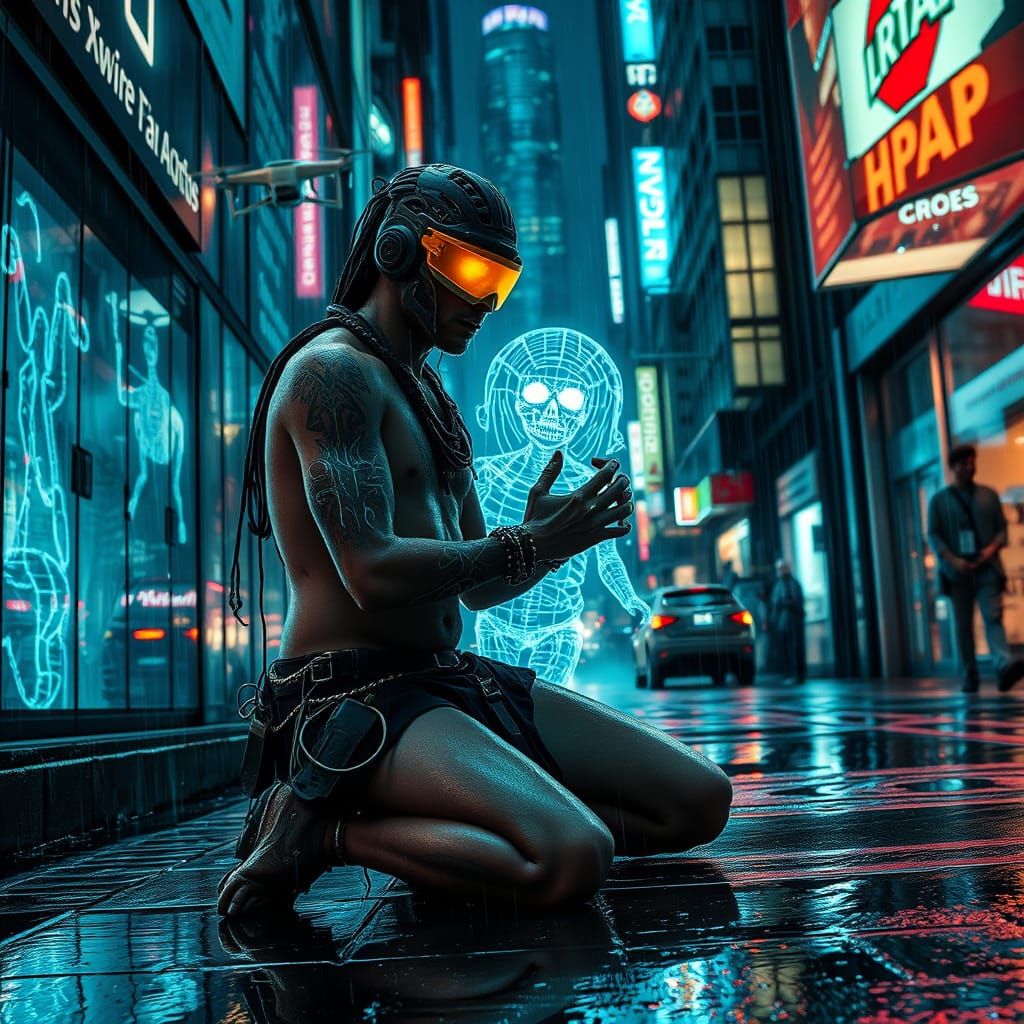 Cyber-Shaman in Neon Alley: A Digital Rendering