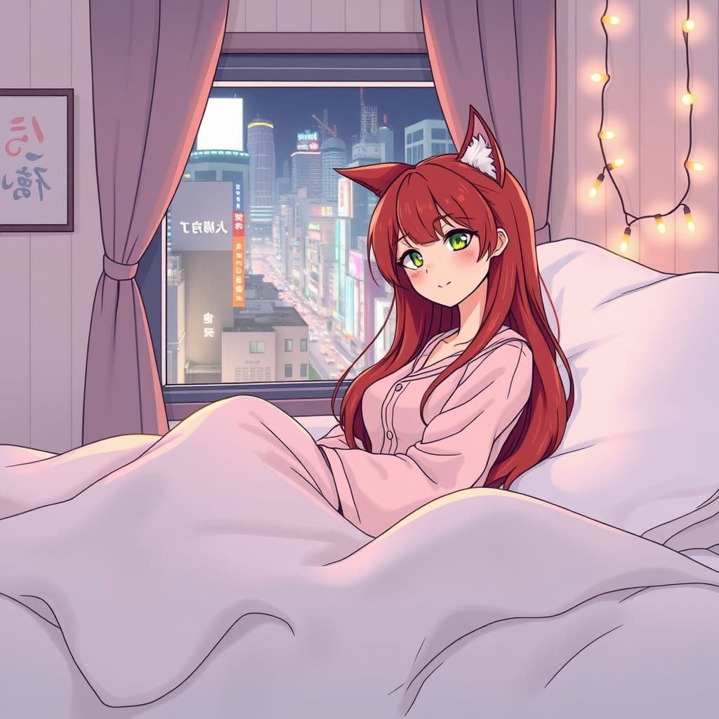 Surreal Japanese Cat Ears Girl in Kawaii Pajamas Slumbers in...