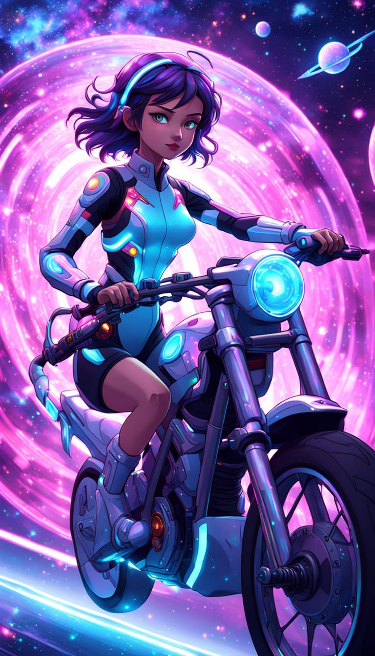 Woman on Space Bike in Anime Style