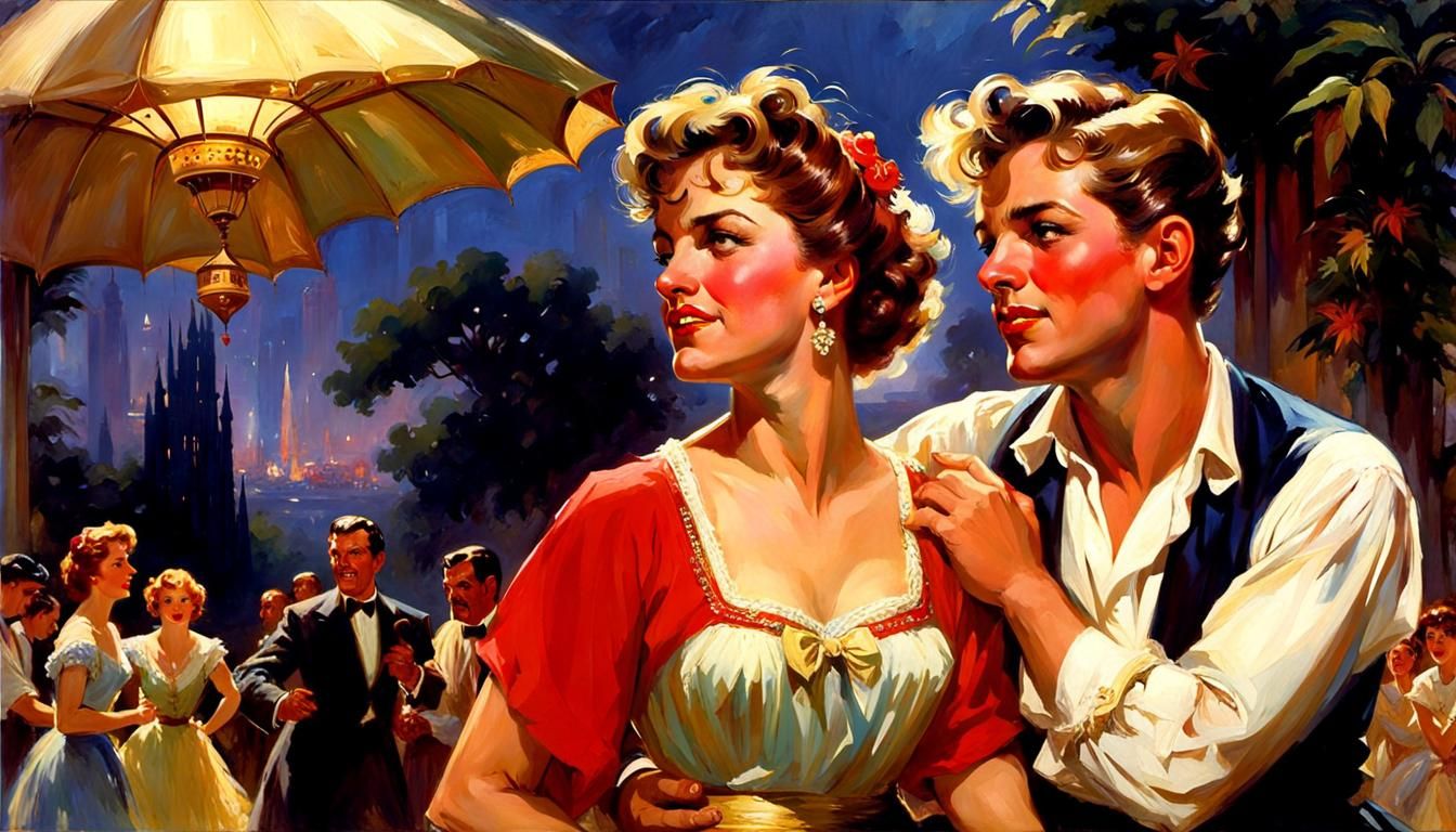 Romantic 1950s Couple in Art Nouveau Style