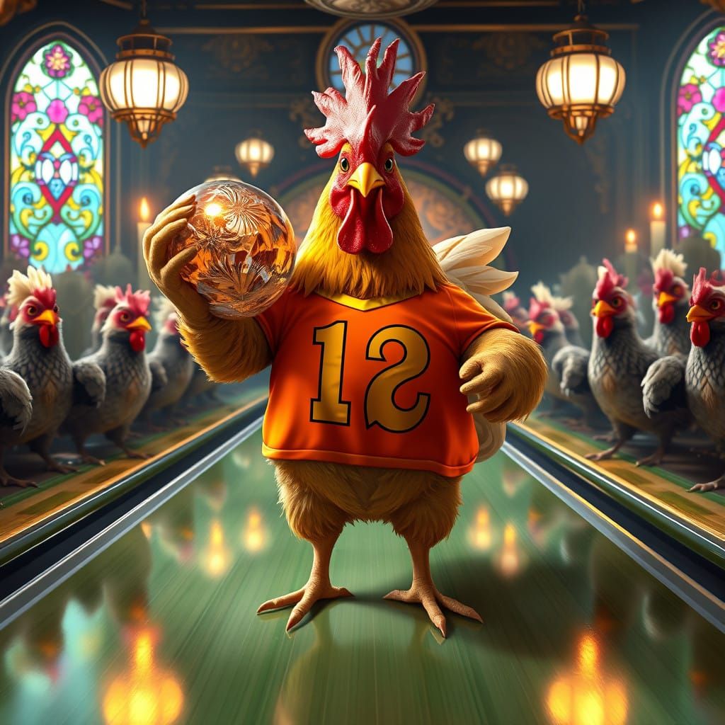 Majestic Chicken in Whimsical Bowling Alley Scene