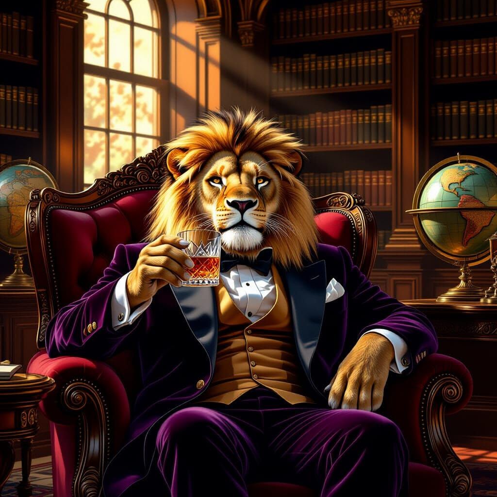 Lion Lounging in Library, Hyperrealistic Digital Art