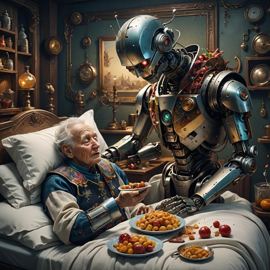 Android Robot Feeds Joyful Elderly Person