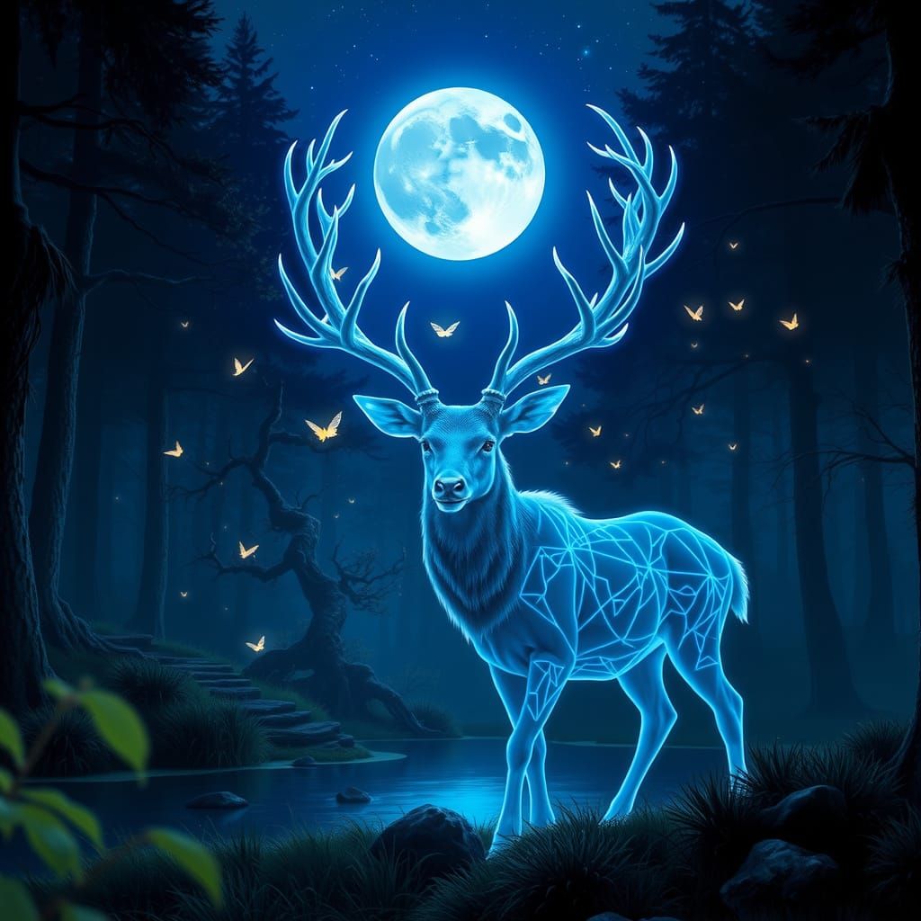 Spirit Deer Stag in Enchanted Forest at Night