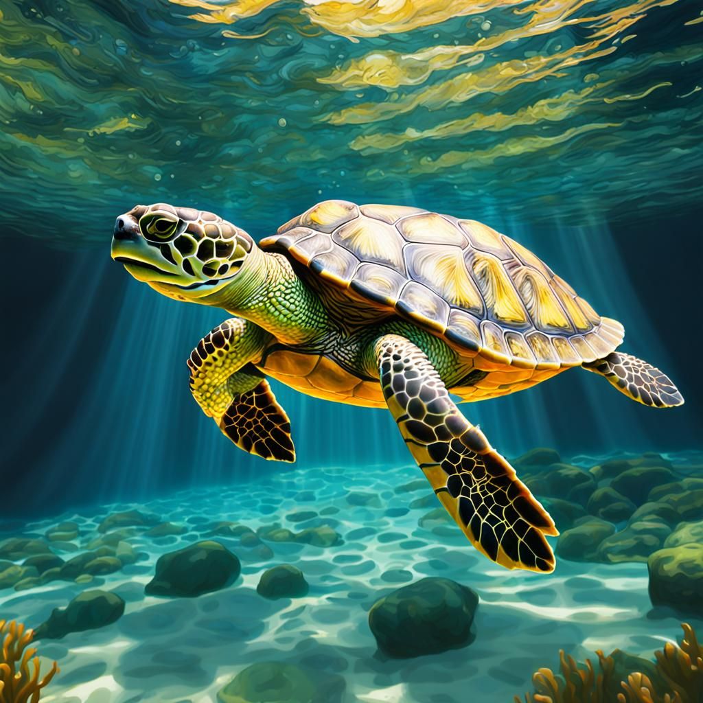 Underwater Olive Turtle in Bright Comic Art