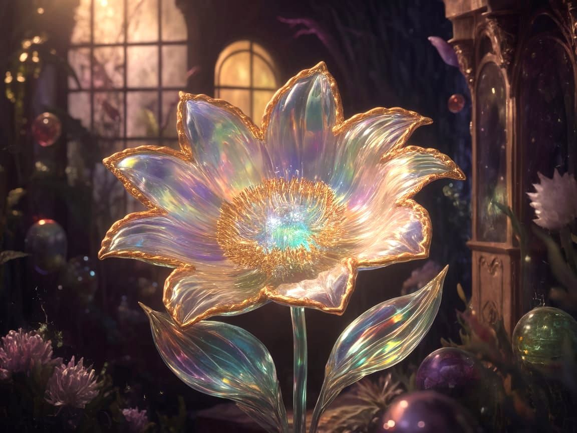 Enchanted Crystal Bloom in Ancient Greenhouse