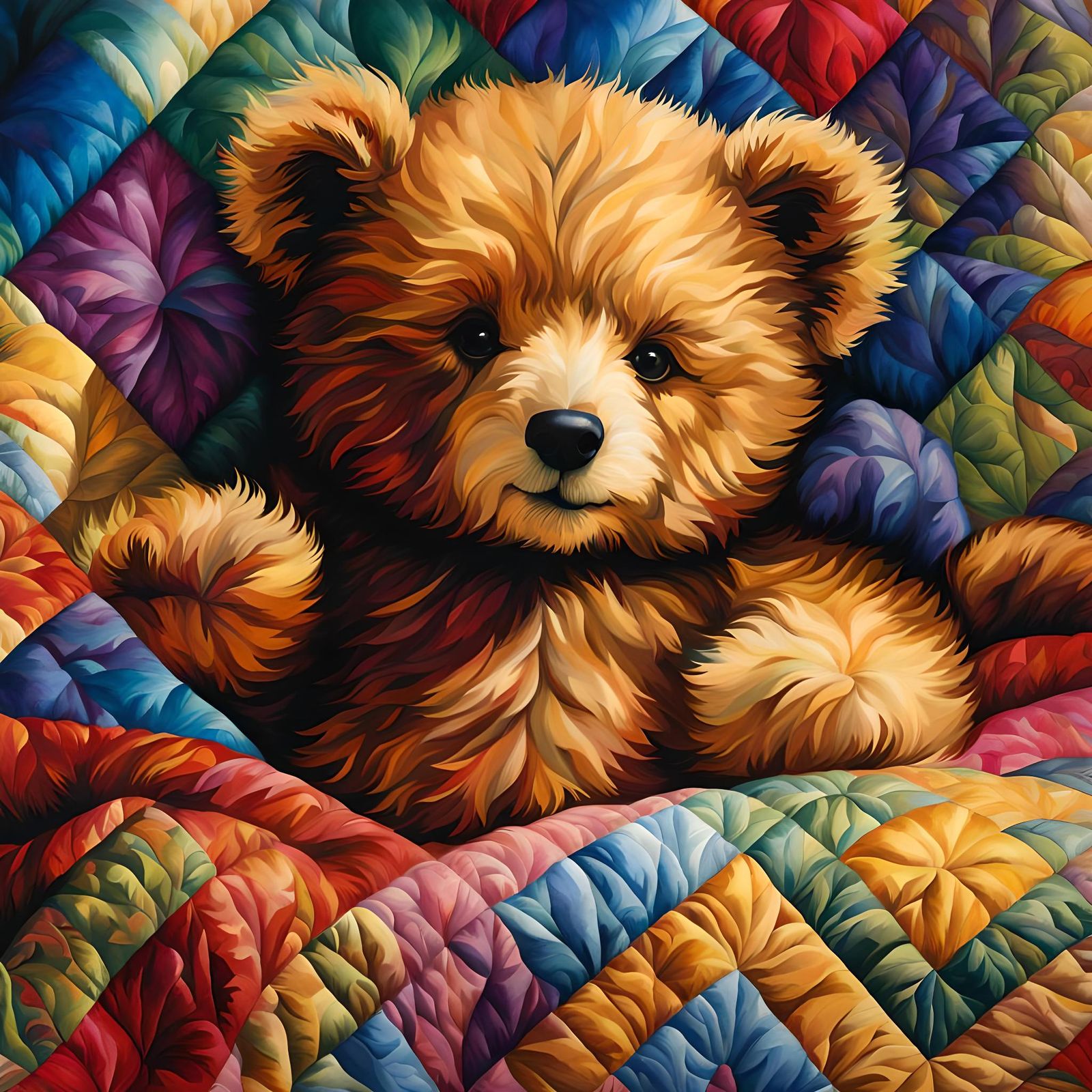 Hyperrealistic Teddy Bear Quilt Storybook Illustration