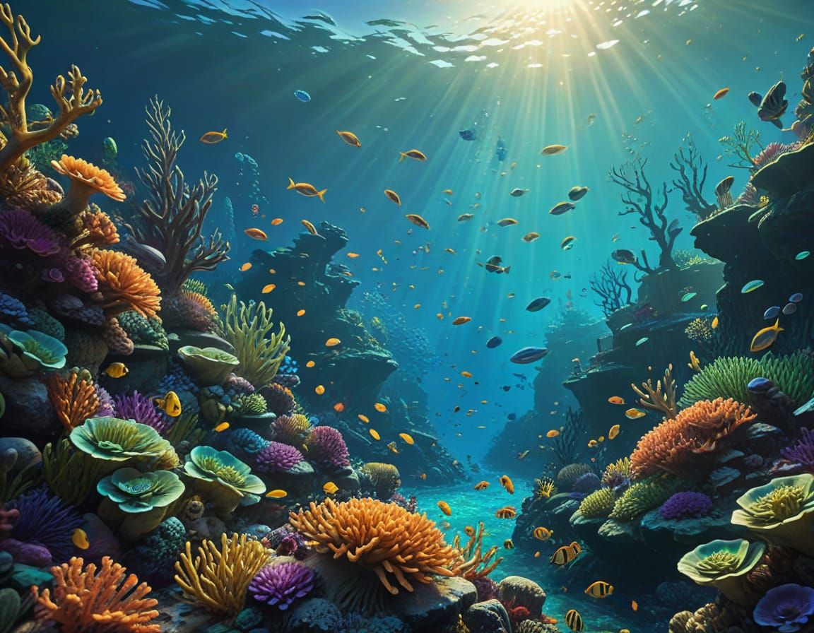 Lively Coral Reef in Vibrant Oil Painting Style