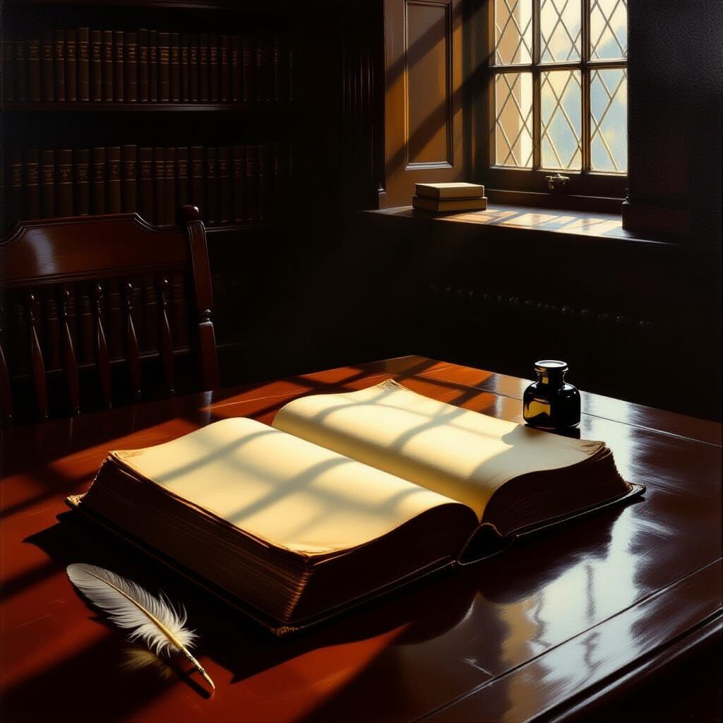 Ancient Book and Quill in Dim Library