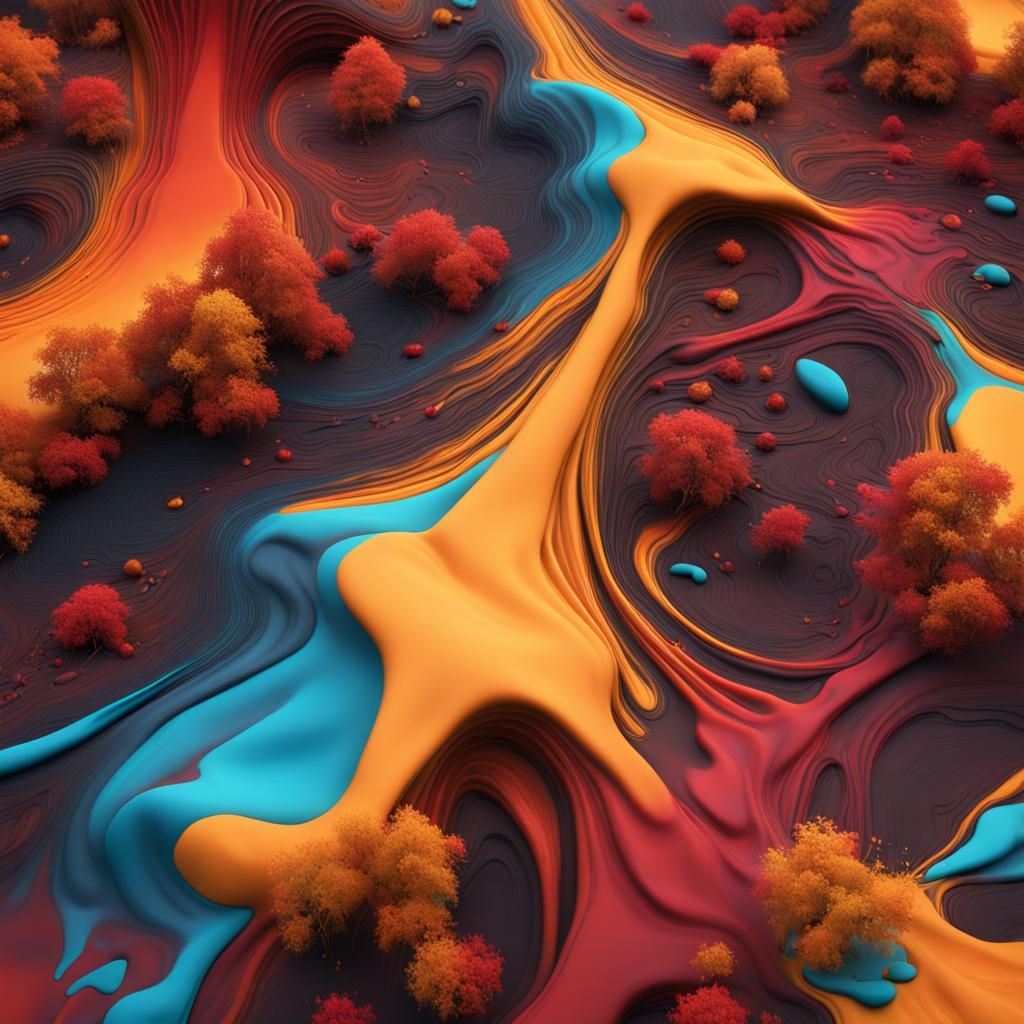 Abstract Multicolored Fall Paint Spill in Detailed Matte Sty...