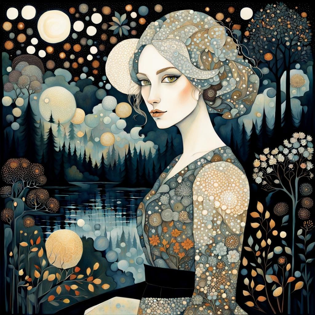 Intriguing Woman Portrait in Cubist Starscape