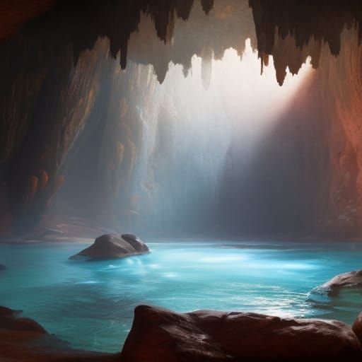 Cave Interior with Primitive Paintings in Detailed Matte Sty...