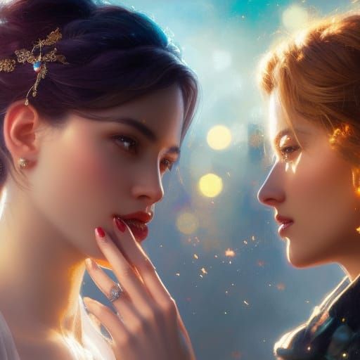 Two Women Kissing Portrait in Digital Art Style