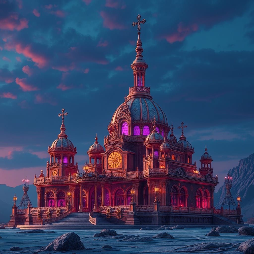 Mystical Dessert Realm in Vibrant, Gradient Skies