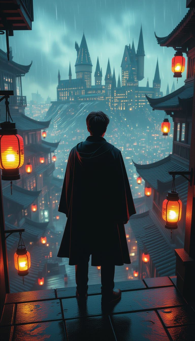 Harry Potter in Cyberpunk Cityscape with Neon Lights