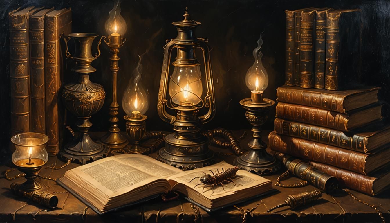 Dark Academia Oil Painting with Centipedes