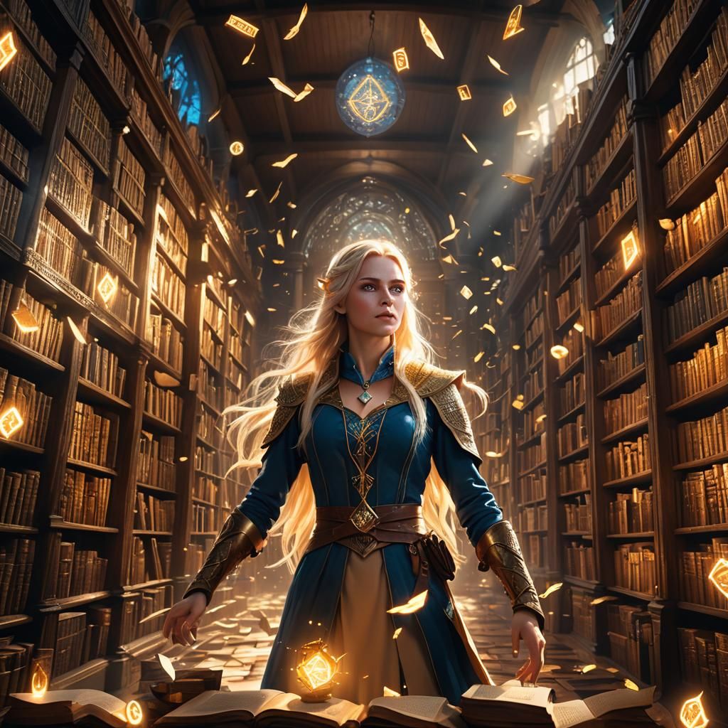 Half-Elf Wizard in Magical Library, Fantasy Art