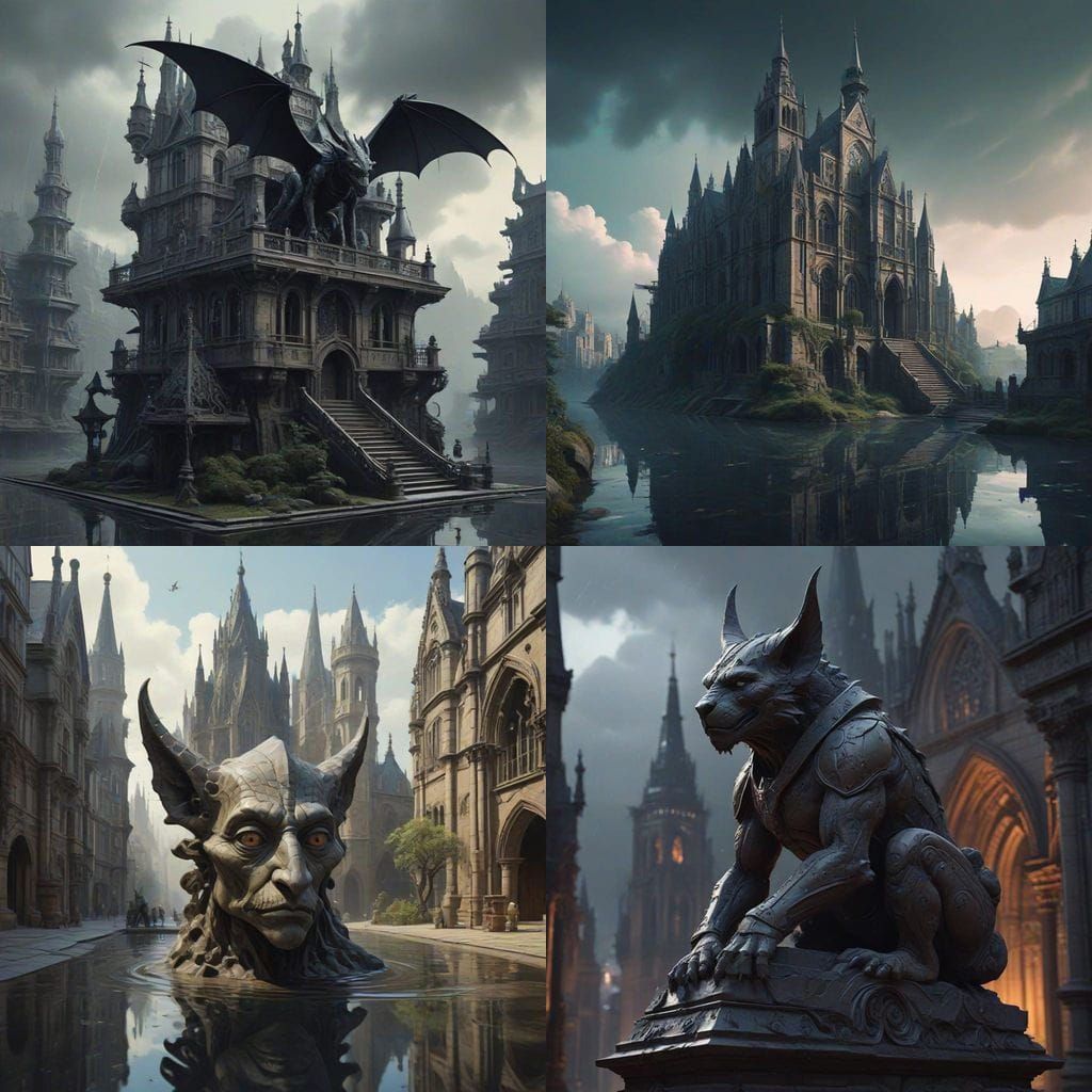 Surreal Gargoyle on Cathedral Rooftops in Rainy Weather