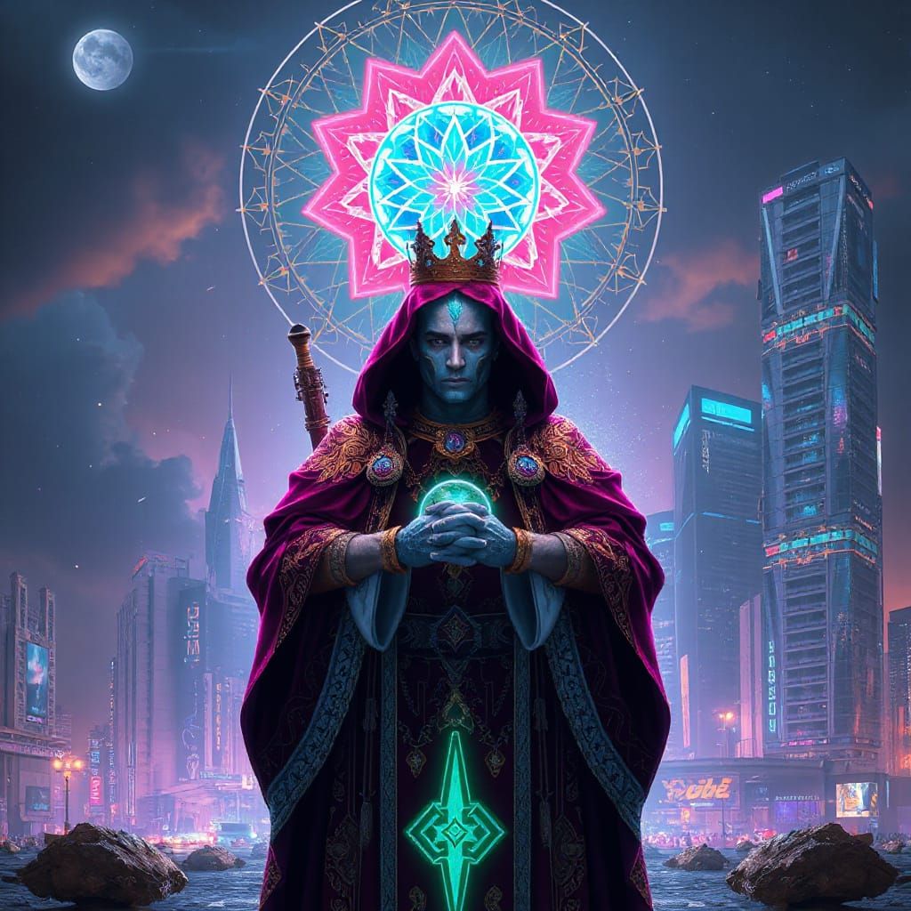 Cosmic Prophet with Digital Halo in Cyberpunk Style