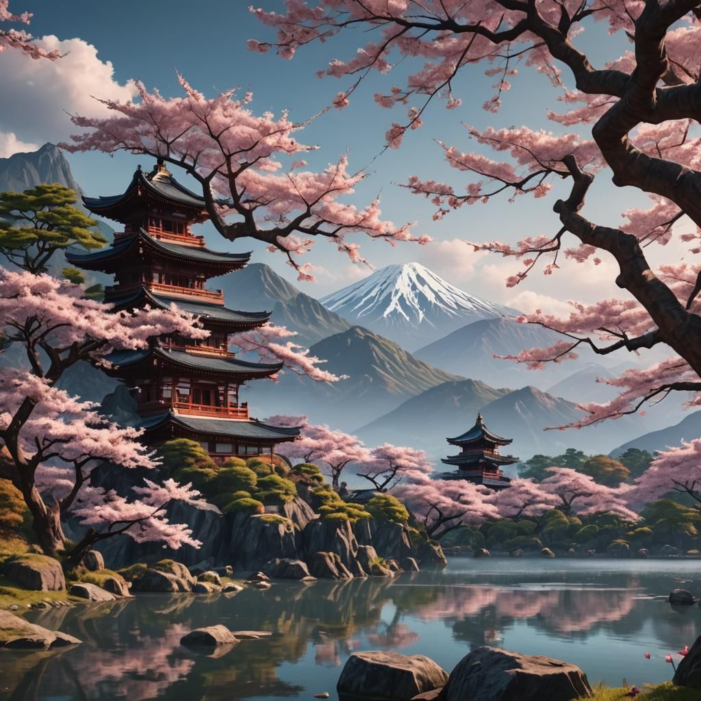 Sakura Tree by Lake: Fantasy Matte Painting