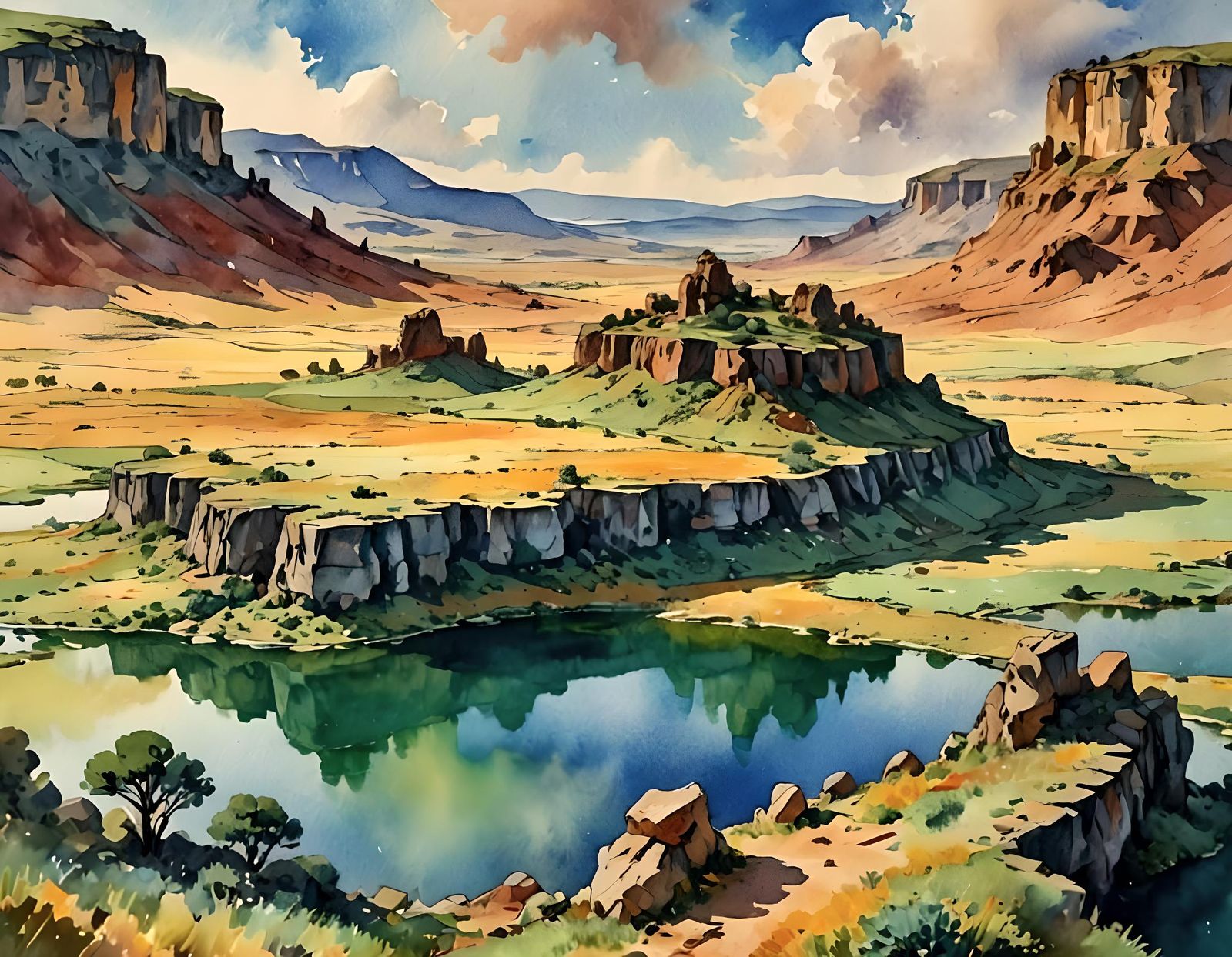 Plateau in Gouache Style Watercolor Painting