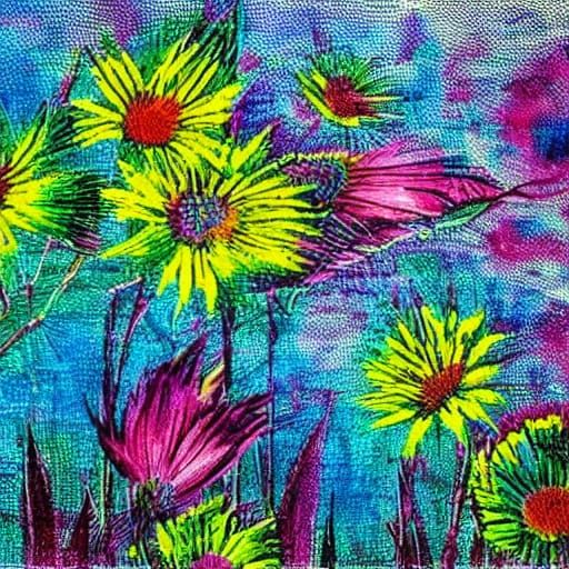 Flowers Bloom in Desolate Landscape as Oil Painting