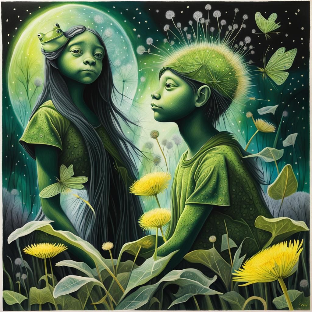 Green Frog with Fairy Wings in Surreal Landscape