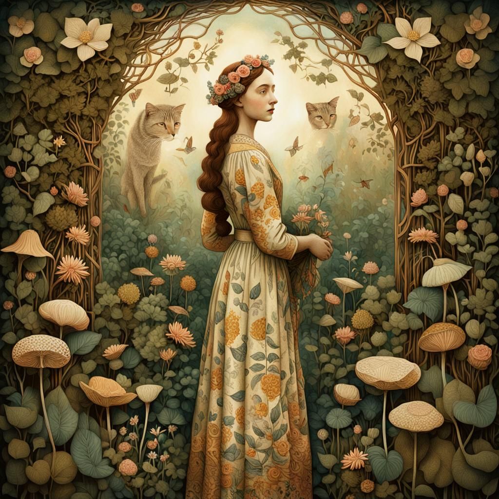 Whimsical Folk Art Woman in Enchanted Garden