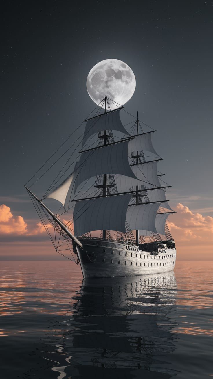 Monochromatic 3D Rendering of Antique Sailing Ship