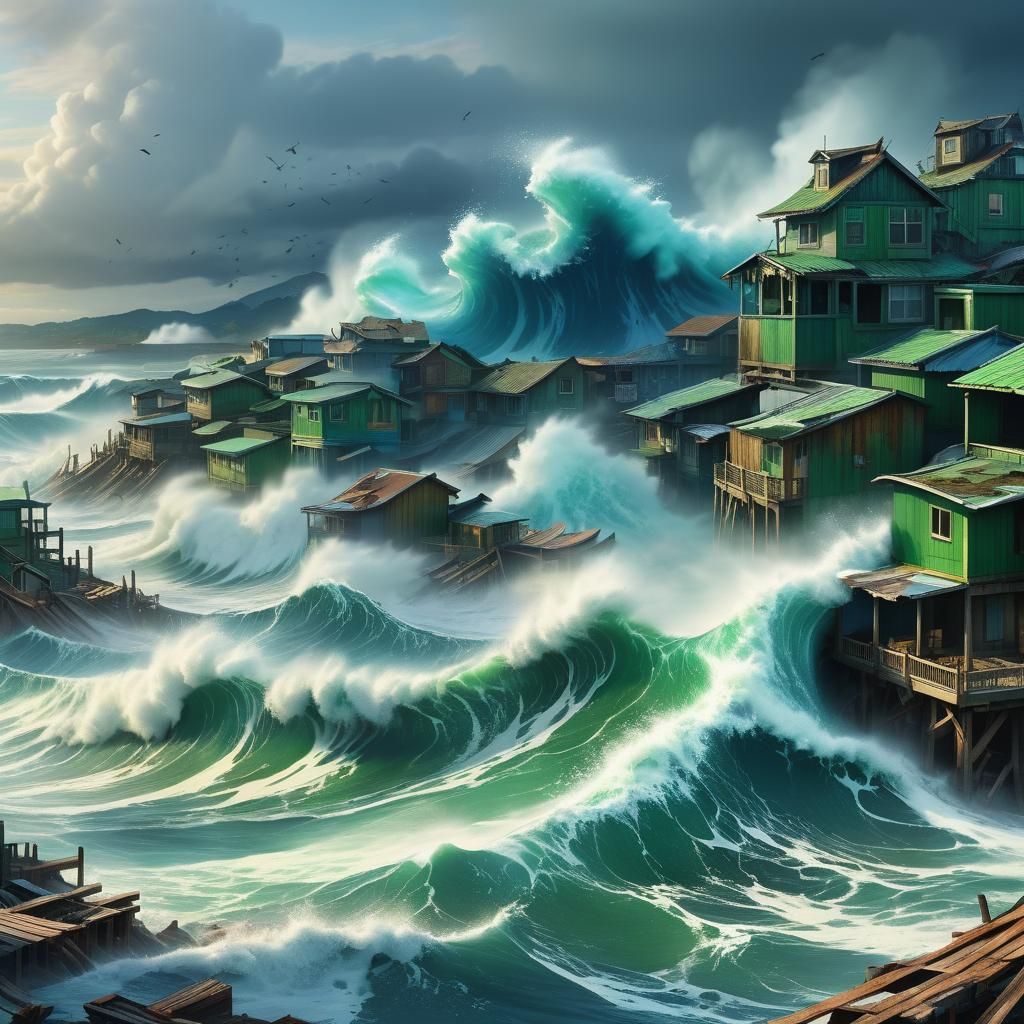 Tsunami Crushing Coastal Town: Fantasy Concept Art