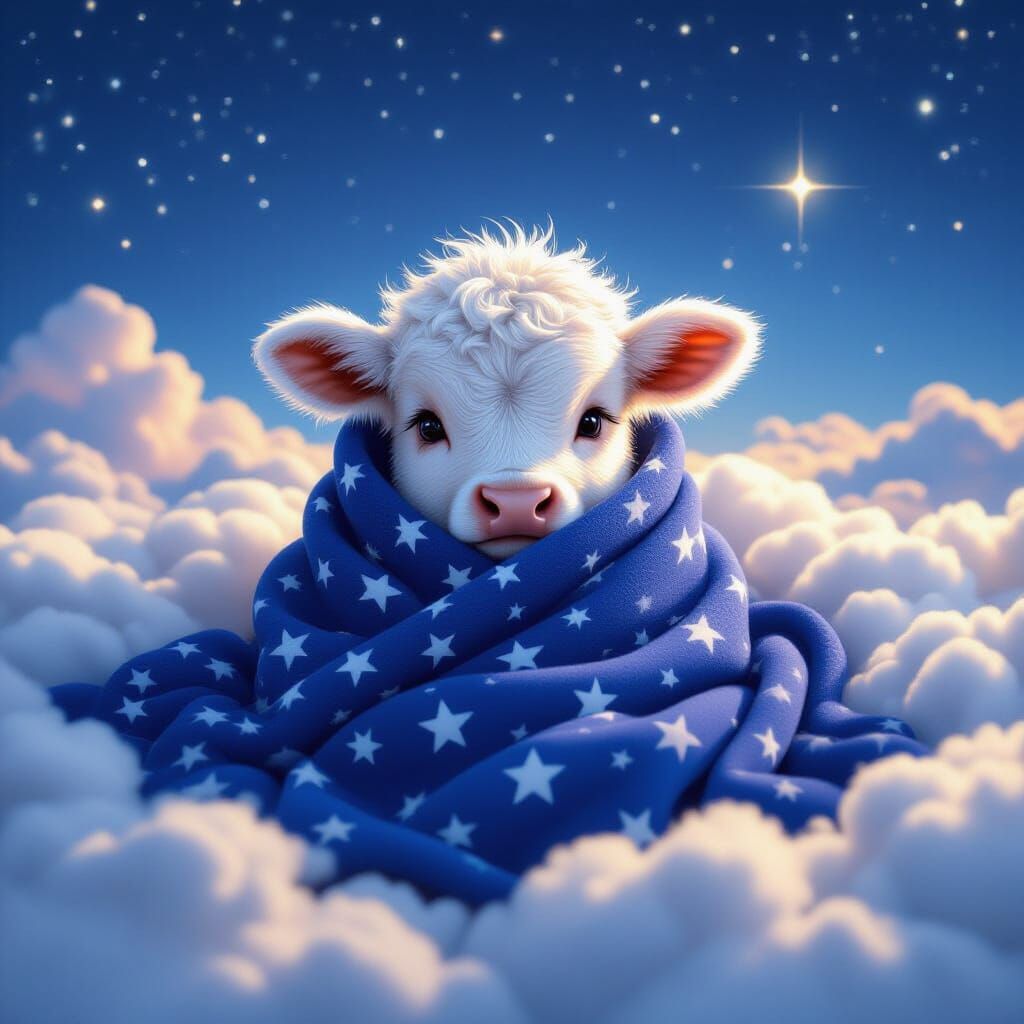Baby Cow Wrapped in Starry Night Sky Blanket