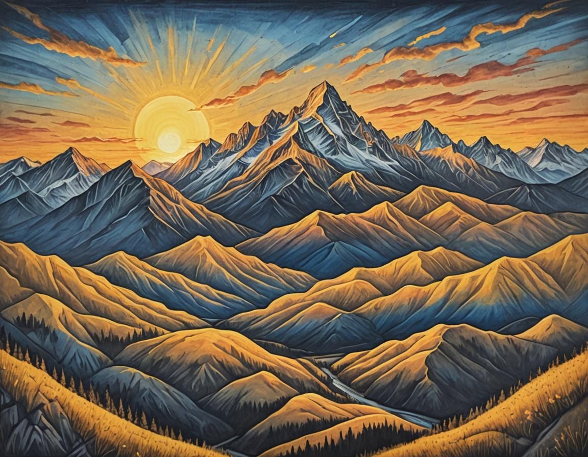 Sunset Over Mountains in Chalk Art Style