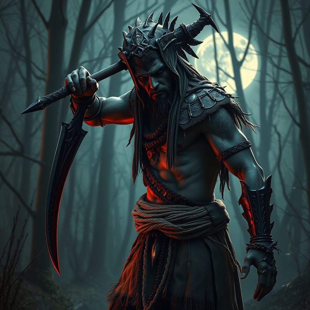 Mystical Warrior with Obsidian Blade in Giger Style