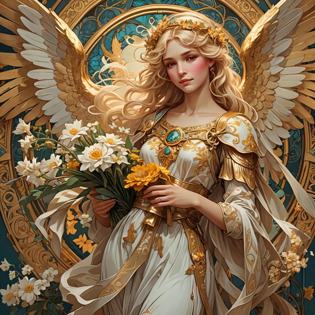 Blond Angel with Bouquet in Art Nouveau Style